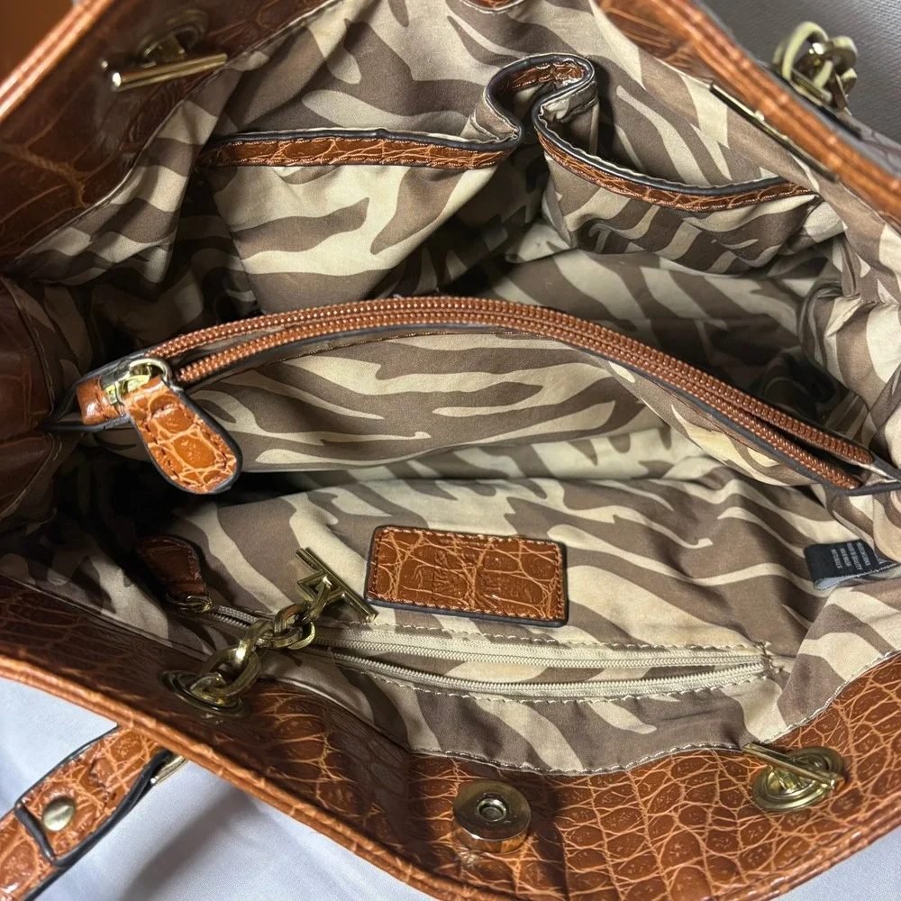 Anne Klein Cognac Brown Croc Embossed Tote‎ Bag Gold Chain Zebra Print Lining
